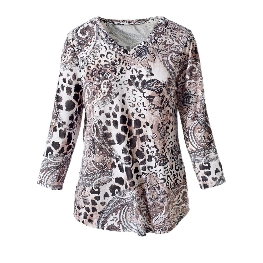 Chico's | Paisley Animal Grommet V-Neck Top Size 2 (US 12)
